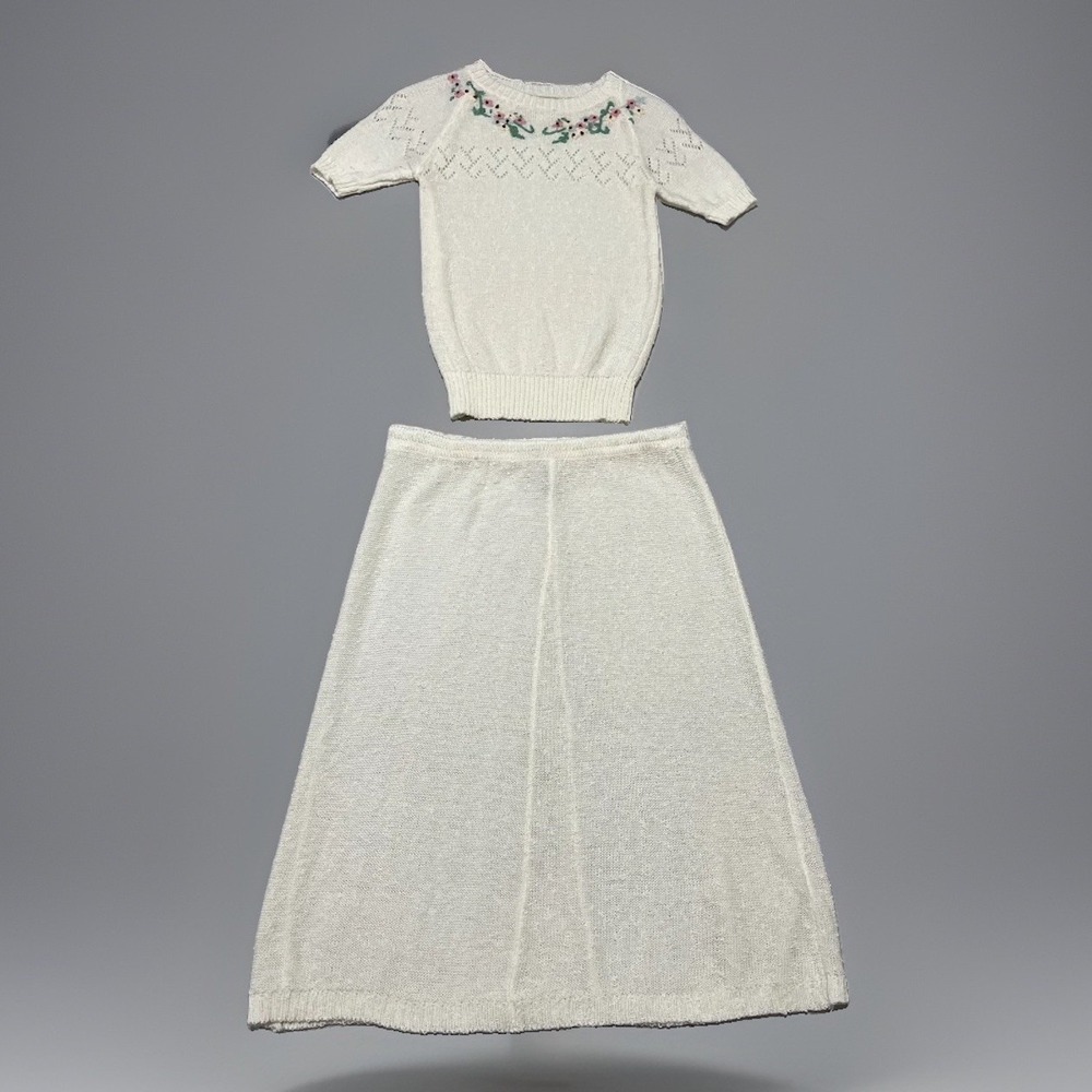 Vintage Womens White Hand Knit Crochet Floral Cottage Skirt Top Matching Set S